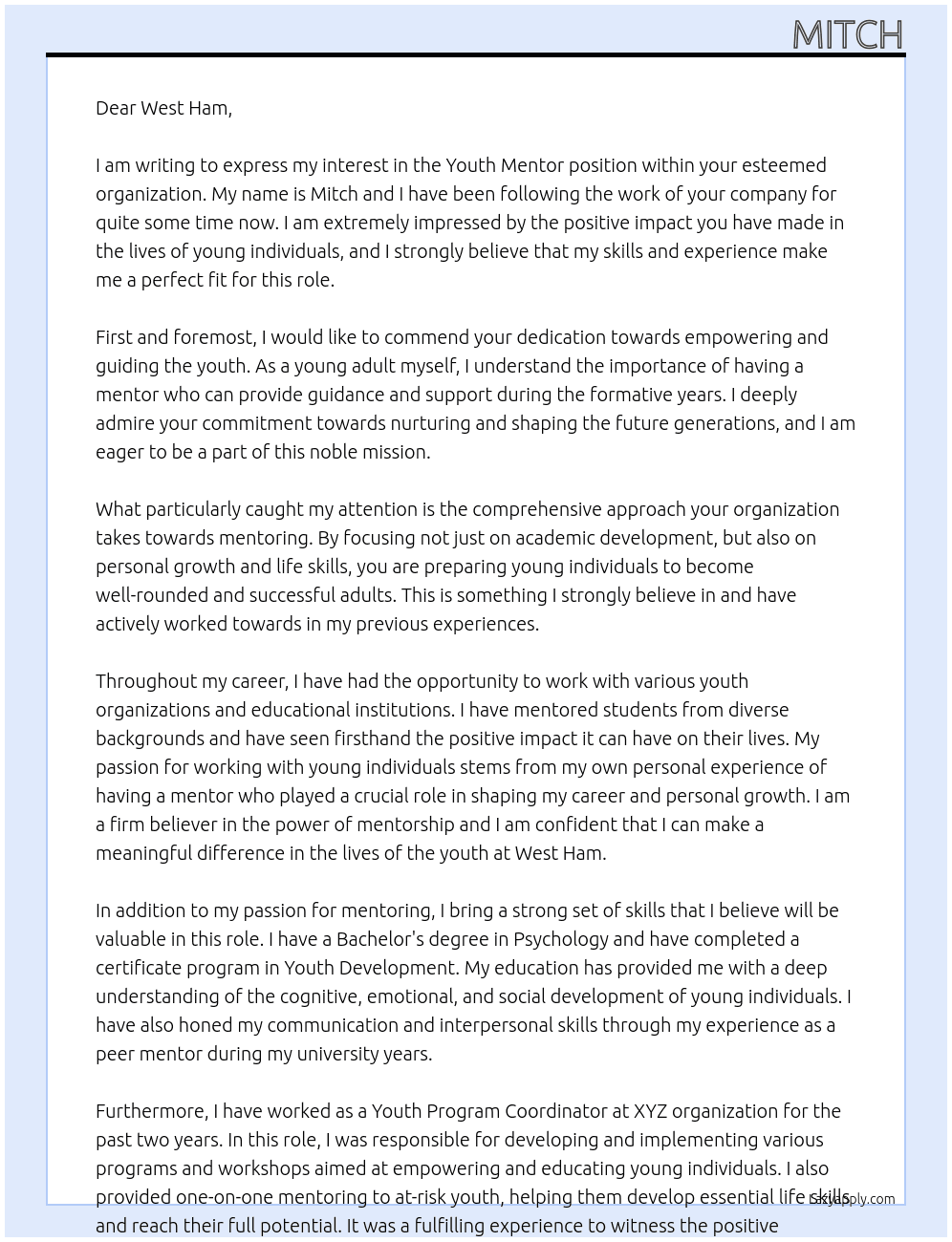 Youth Mentor At West Ham Cover Letter
