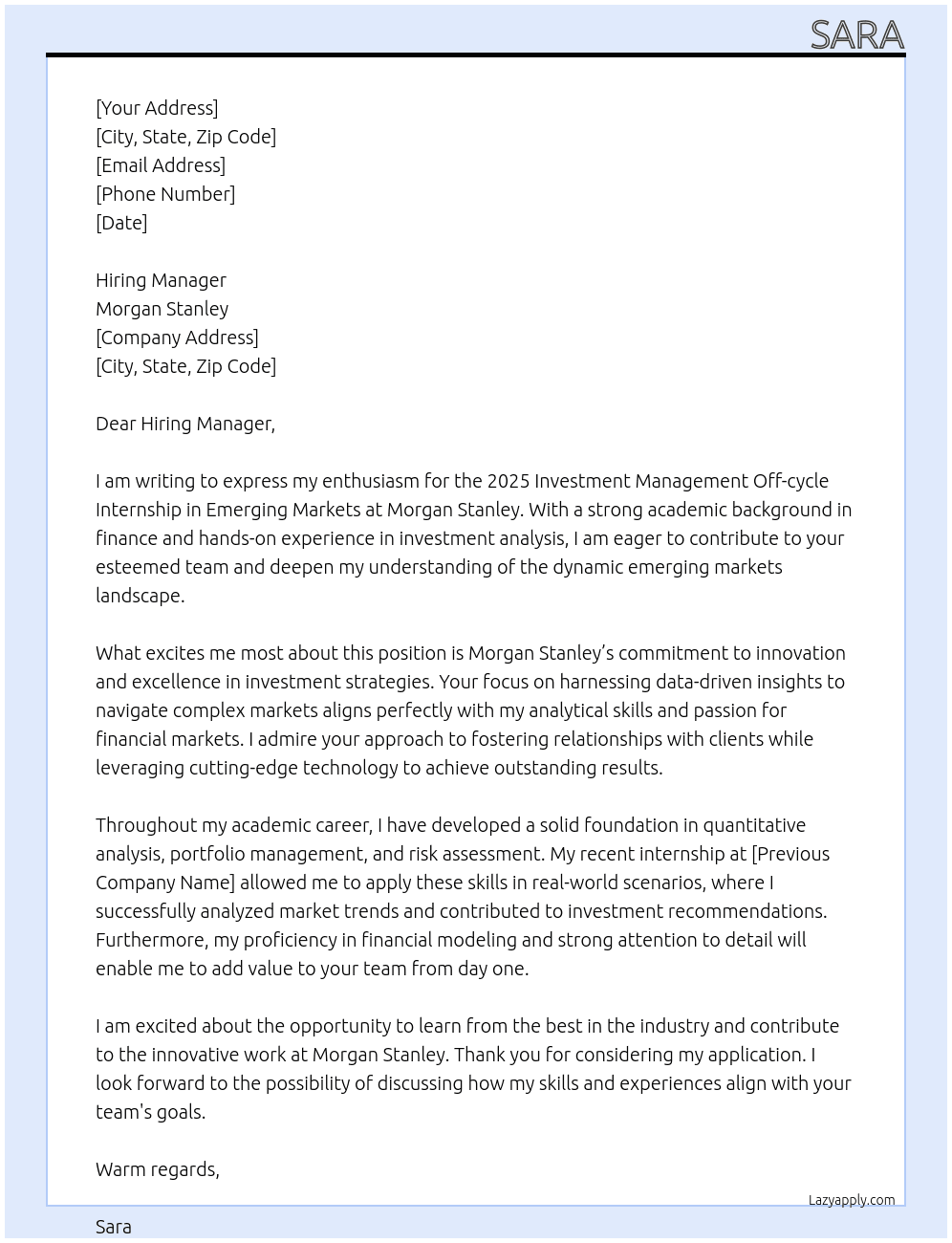 2025 Investment Management Off-cycle Internship - Emerging Markets (London) At Morgan Stanely Cover Letter