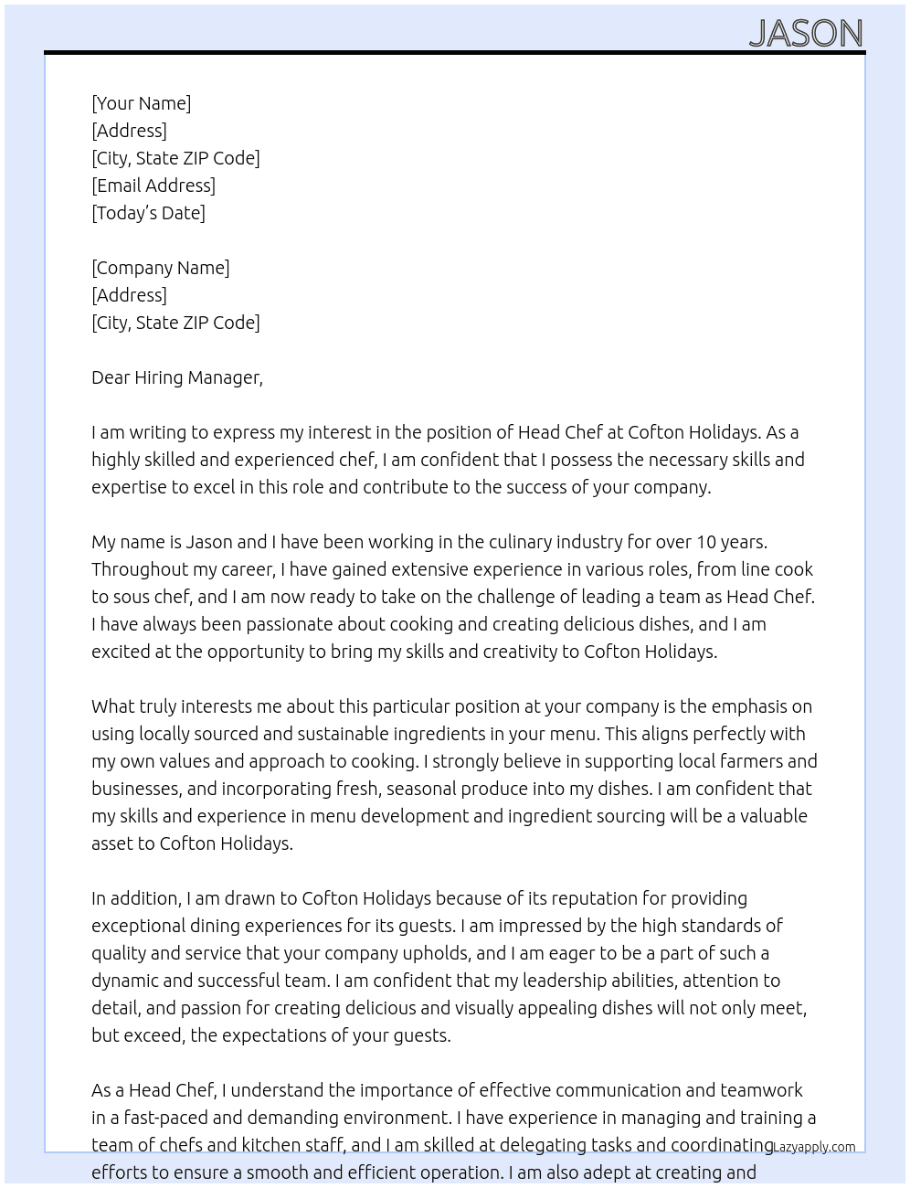 Head chef At Cofton holidays Cover Letter