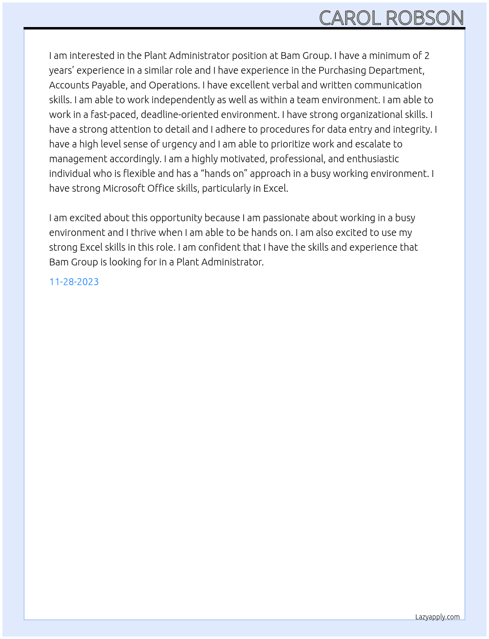 Plant Administrator At Bam Group Cover Letter