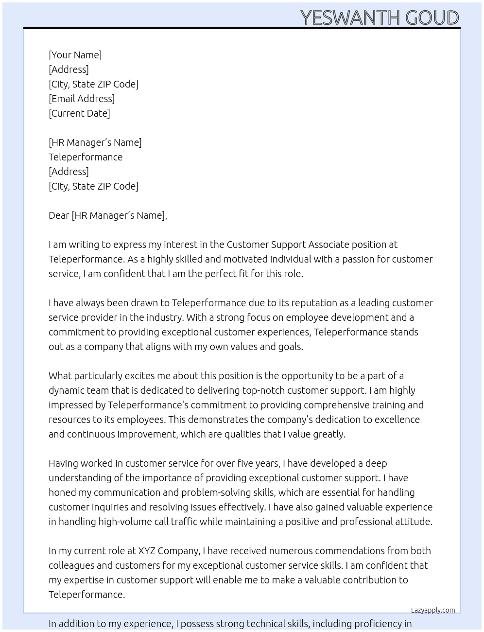 Customer support associate  At Teleperformance Cover Letter