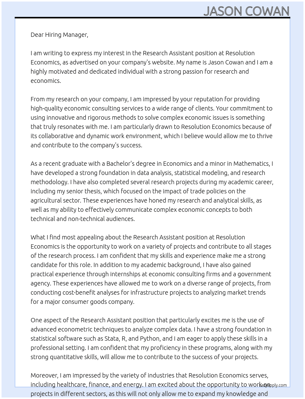 Research Assistant At Resolution Economics Cover Letter