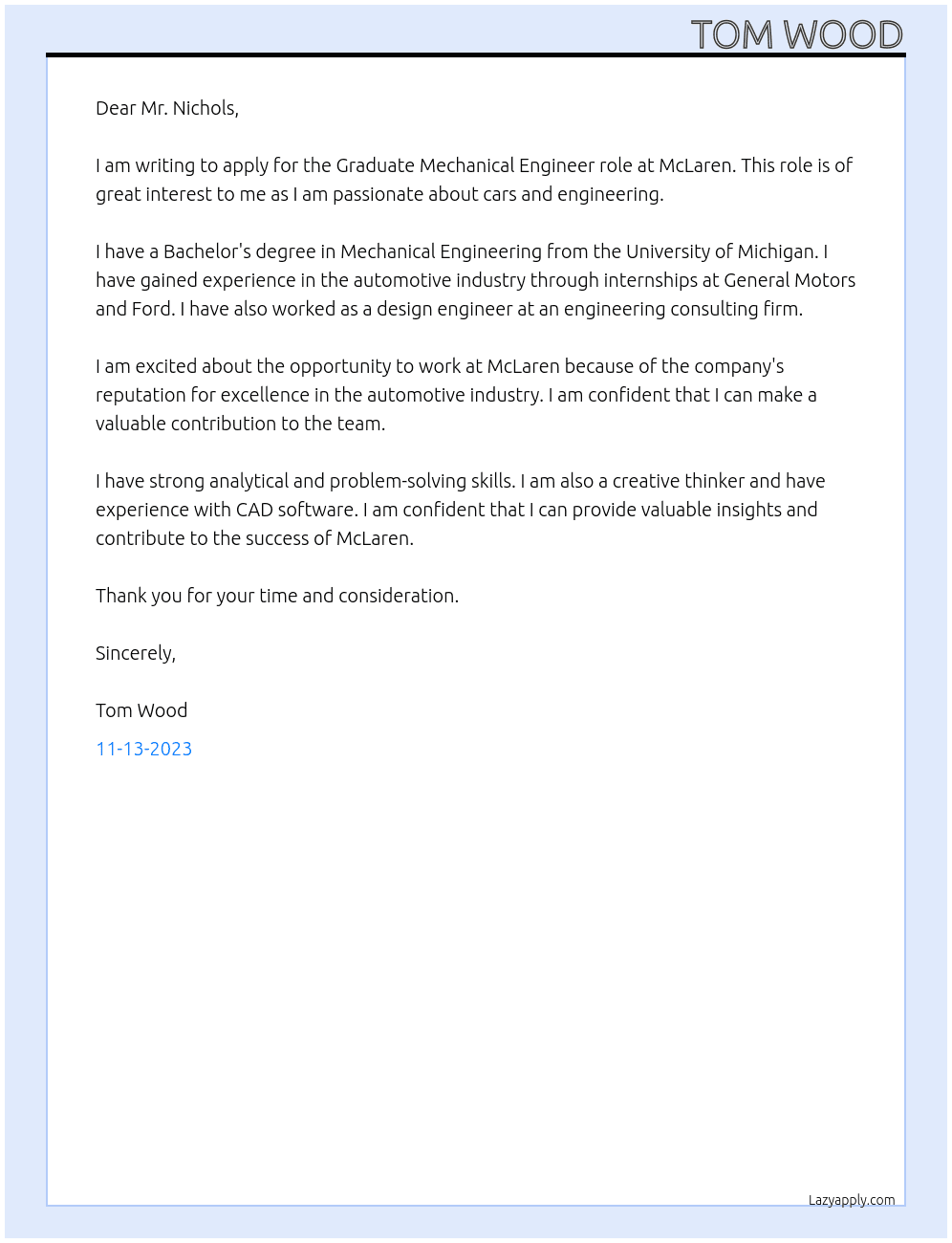 Graduate Mechanical Engineer At McLaren Cover Letter
