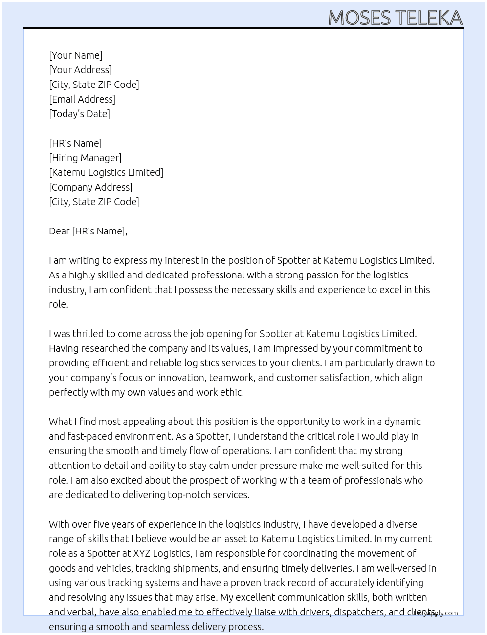 spotter At katemu logistics limited Cover Letter
