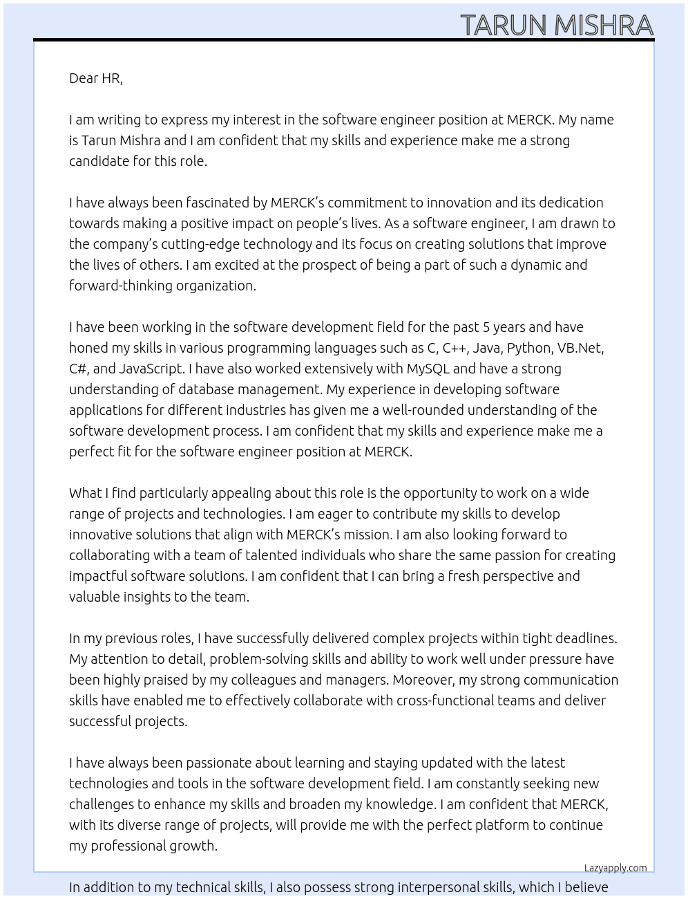 software engineer  At MERCK Cover Letter