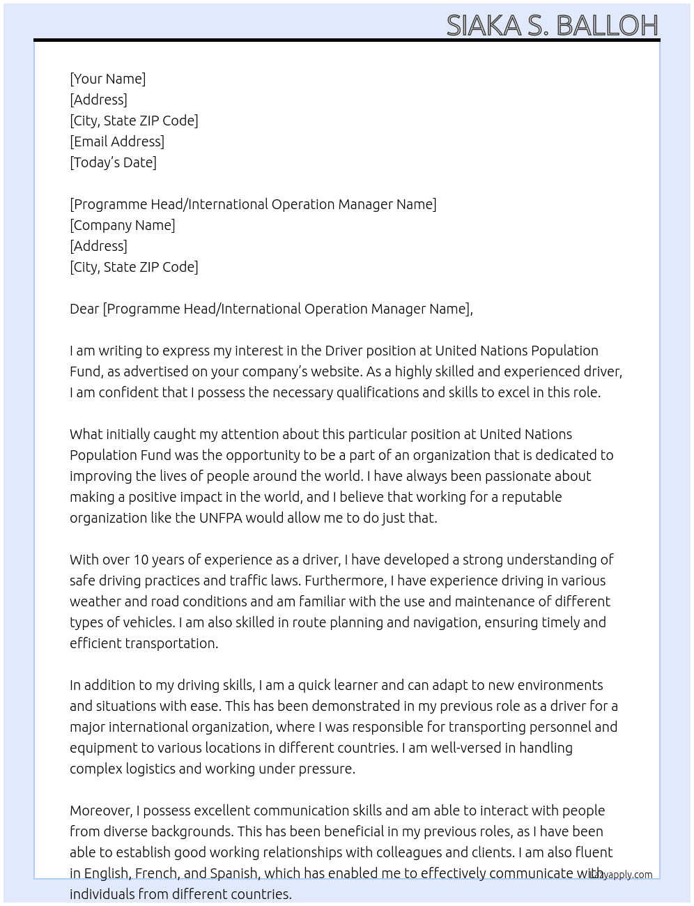 Driver At United Nations Population Fund  Cover Letter