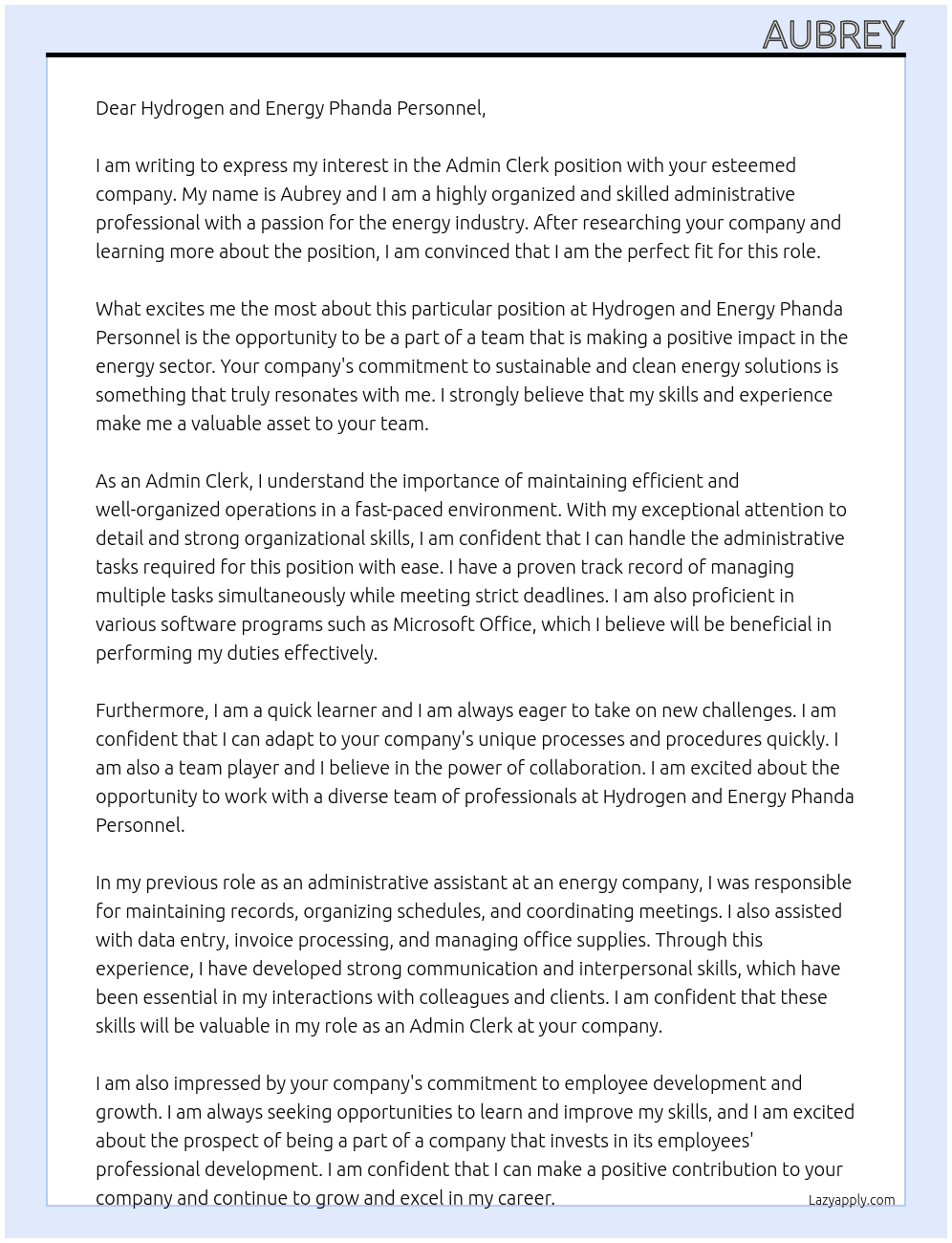 Admin clerk At HYDROGEN AND ENERGY PHANDA PERSONNEL Cover Letter