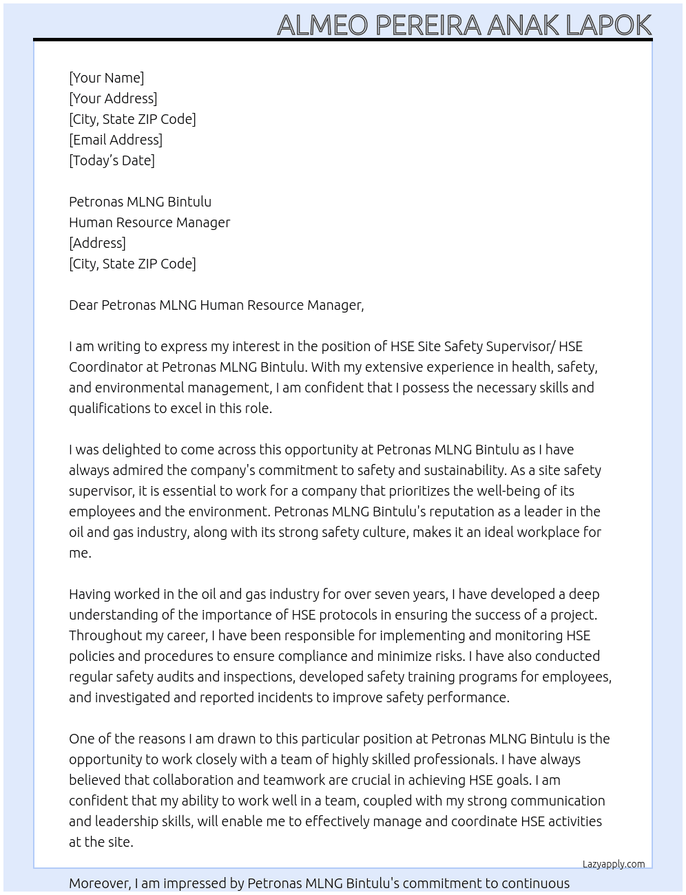 HSE Site Safety Supervisor/ HSE Coordinator At Petronas MLNG Bintulu Cover Letter