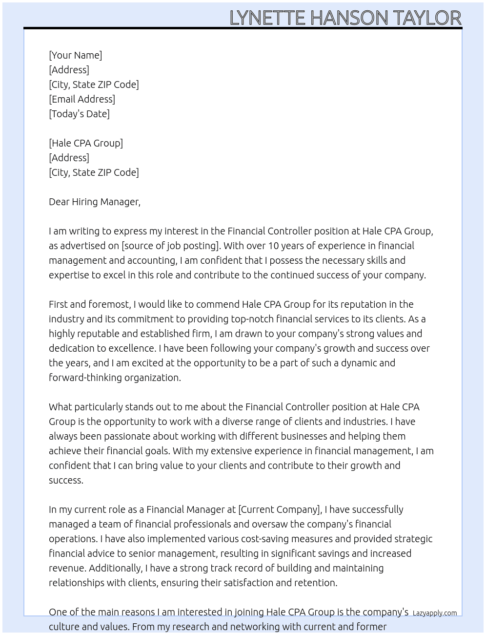 Cover letter for financial controller - LazyApply