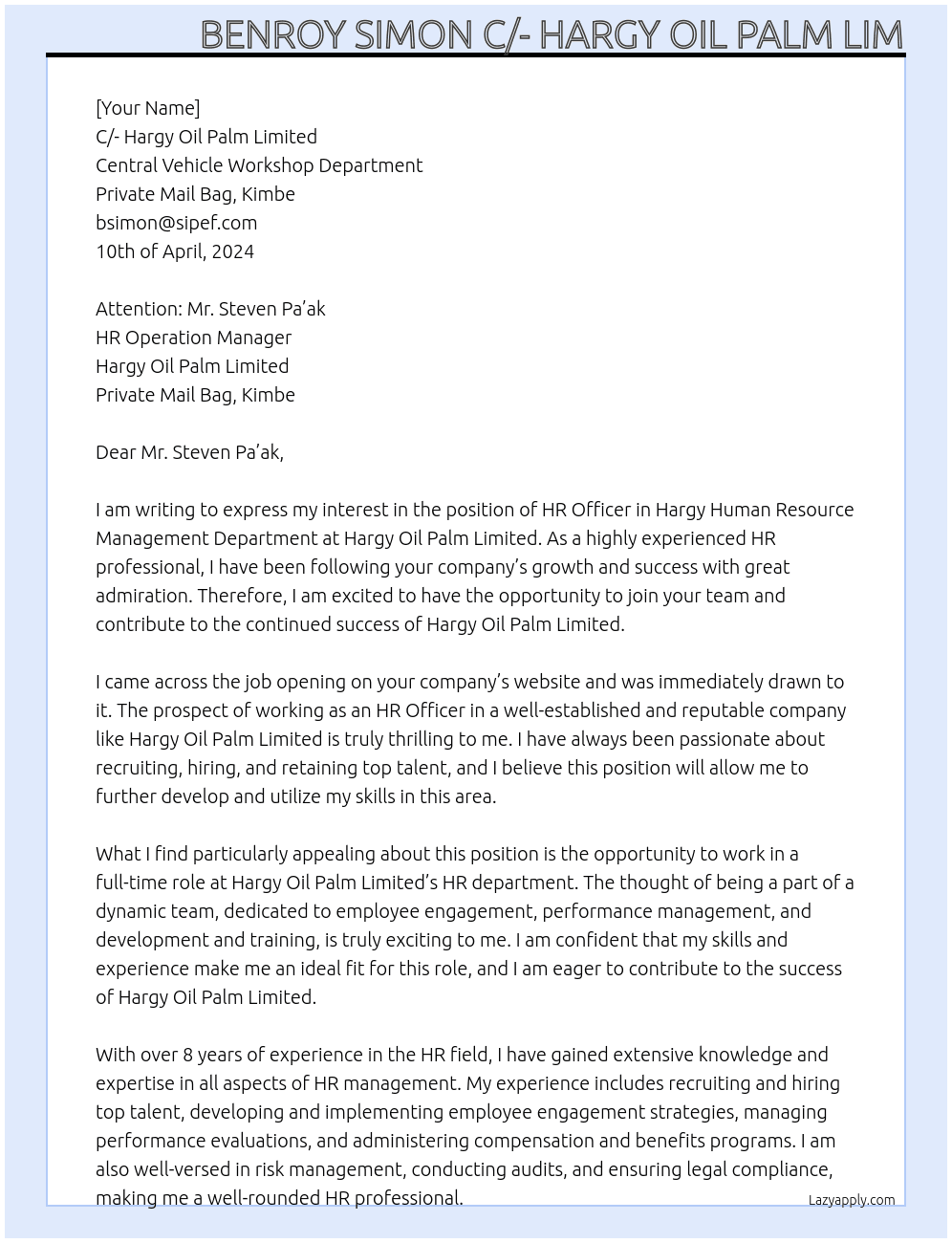 HR Officer At HR officer in Hargy Human Resource Management Department Cover Letter