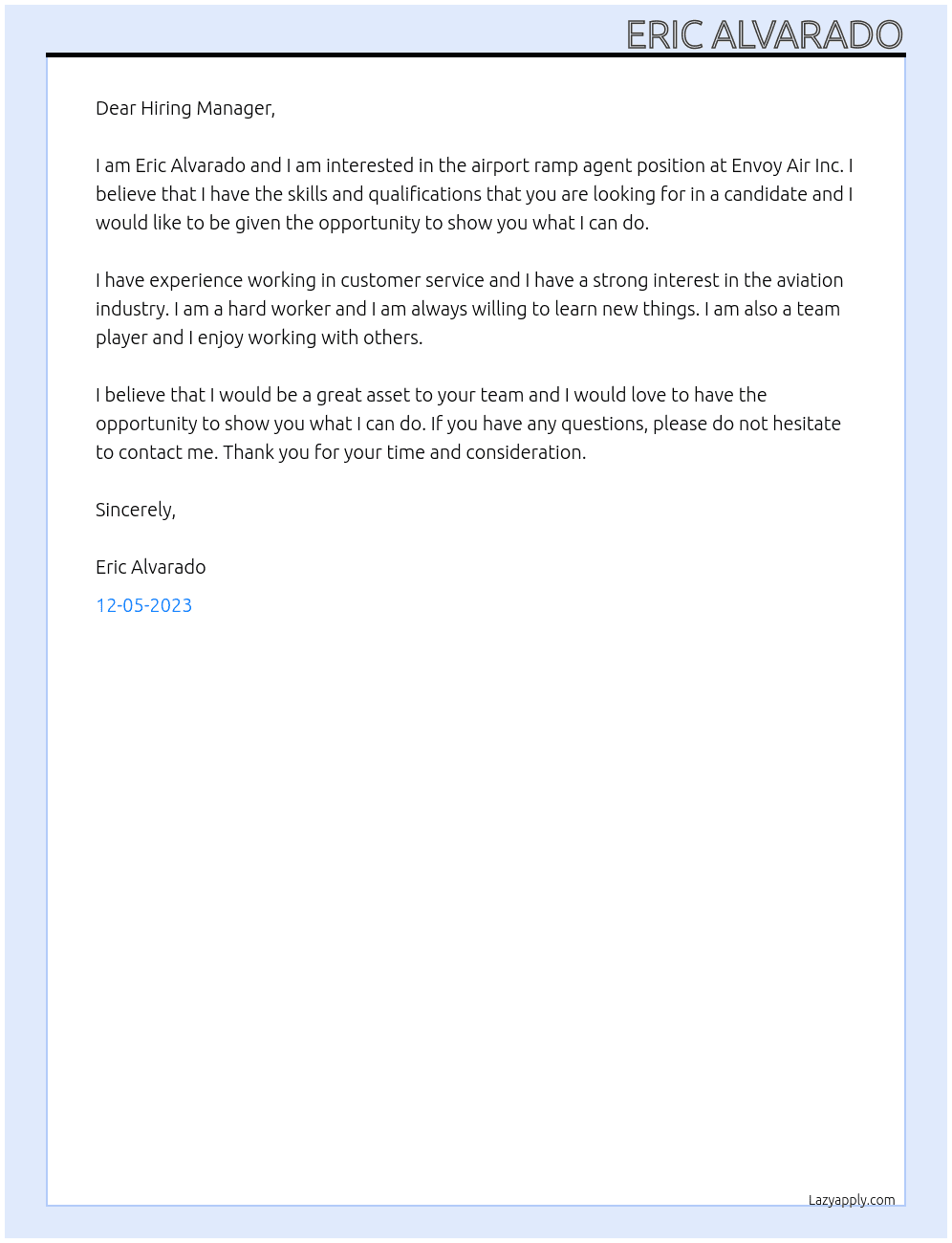 Airport ramp agent At Envoy Air Inc Cover Letter