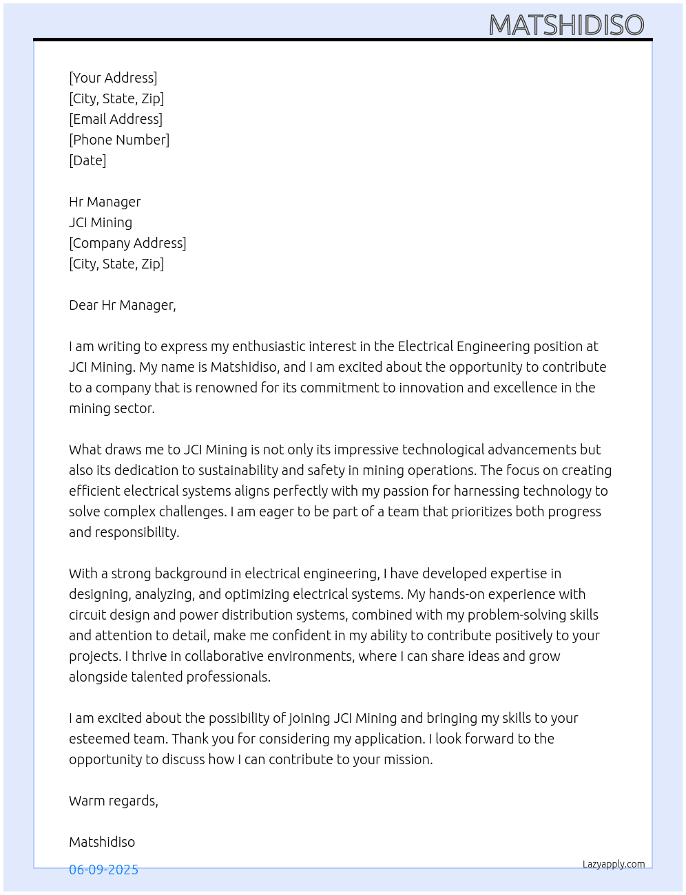 Electrical engineering  At JCI Mining  Cover Letter