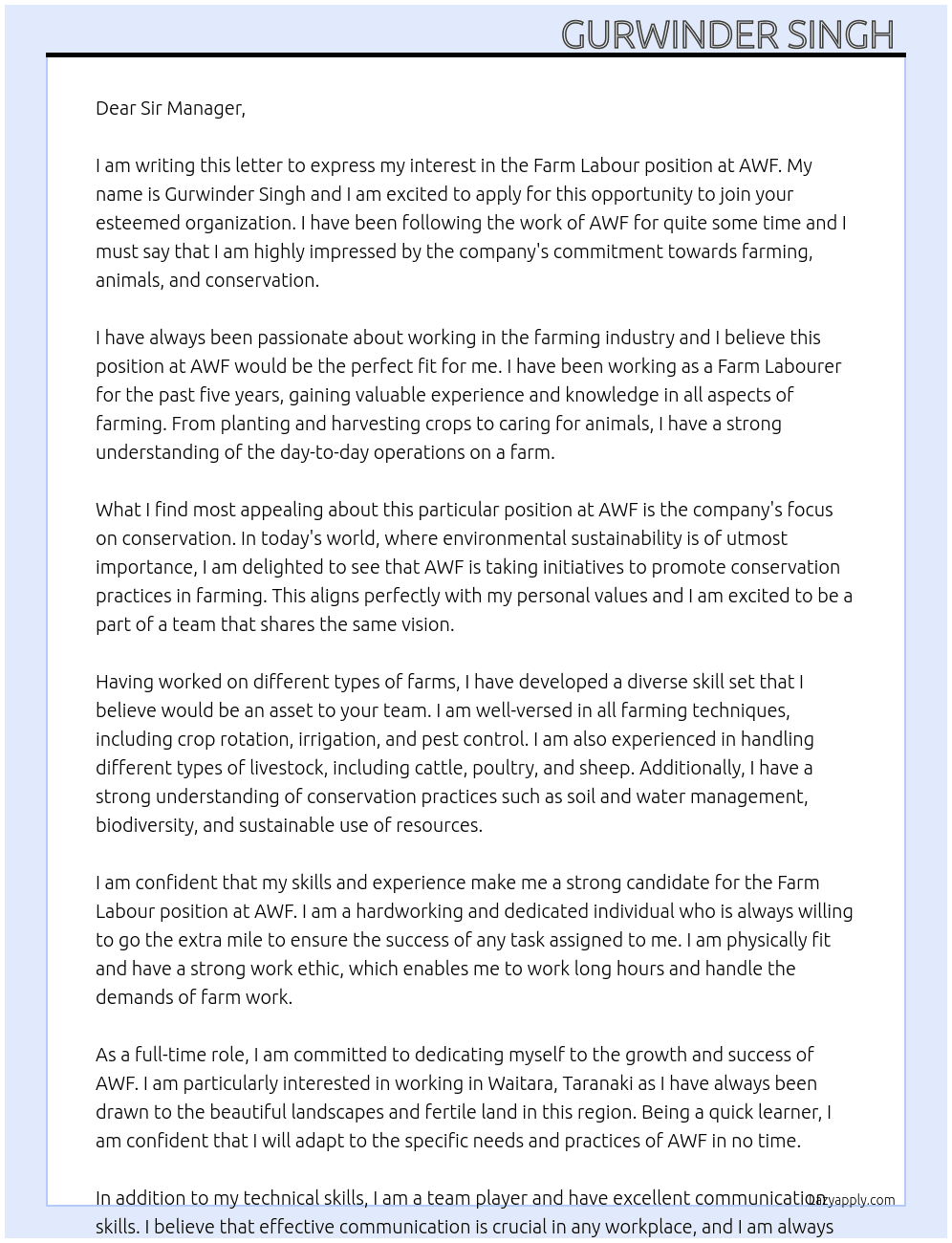 Farm labour At AWF Cover Letter