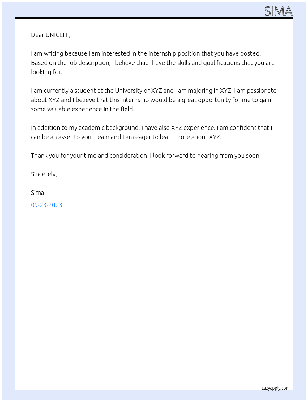 Internship  At UNICEFF Cover Letter