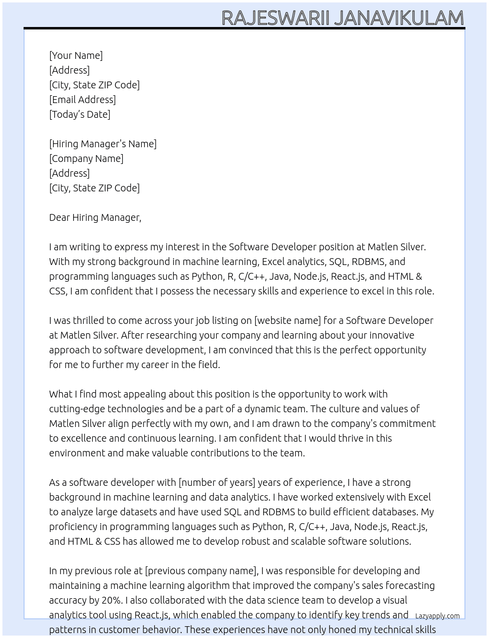  Software Developer At Matlen Silver  Cover Letter