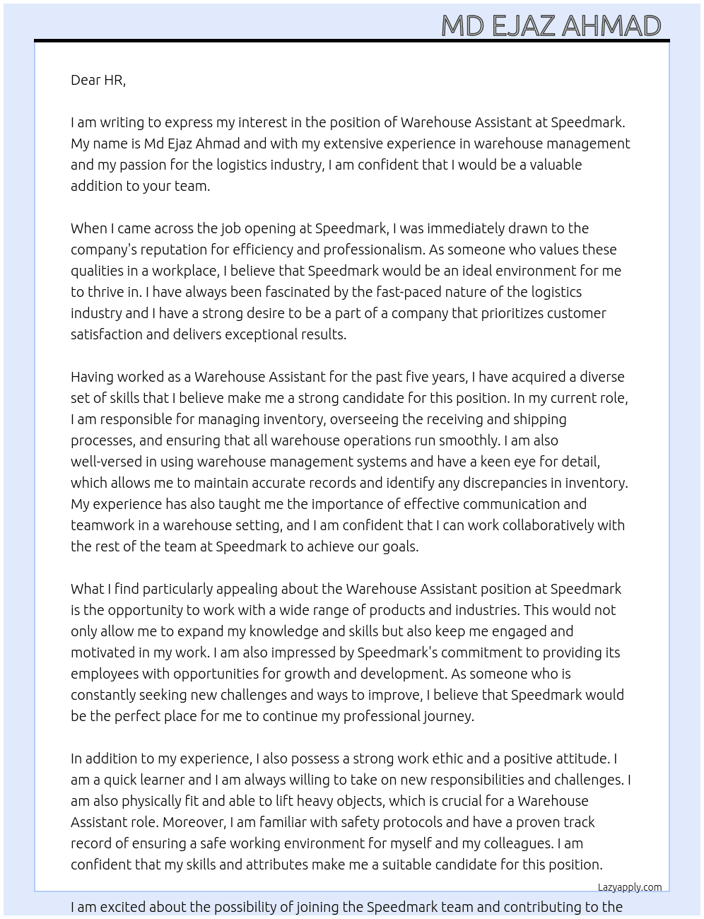 Warehouse assistant At Speedmark Cover Letter
