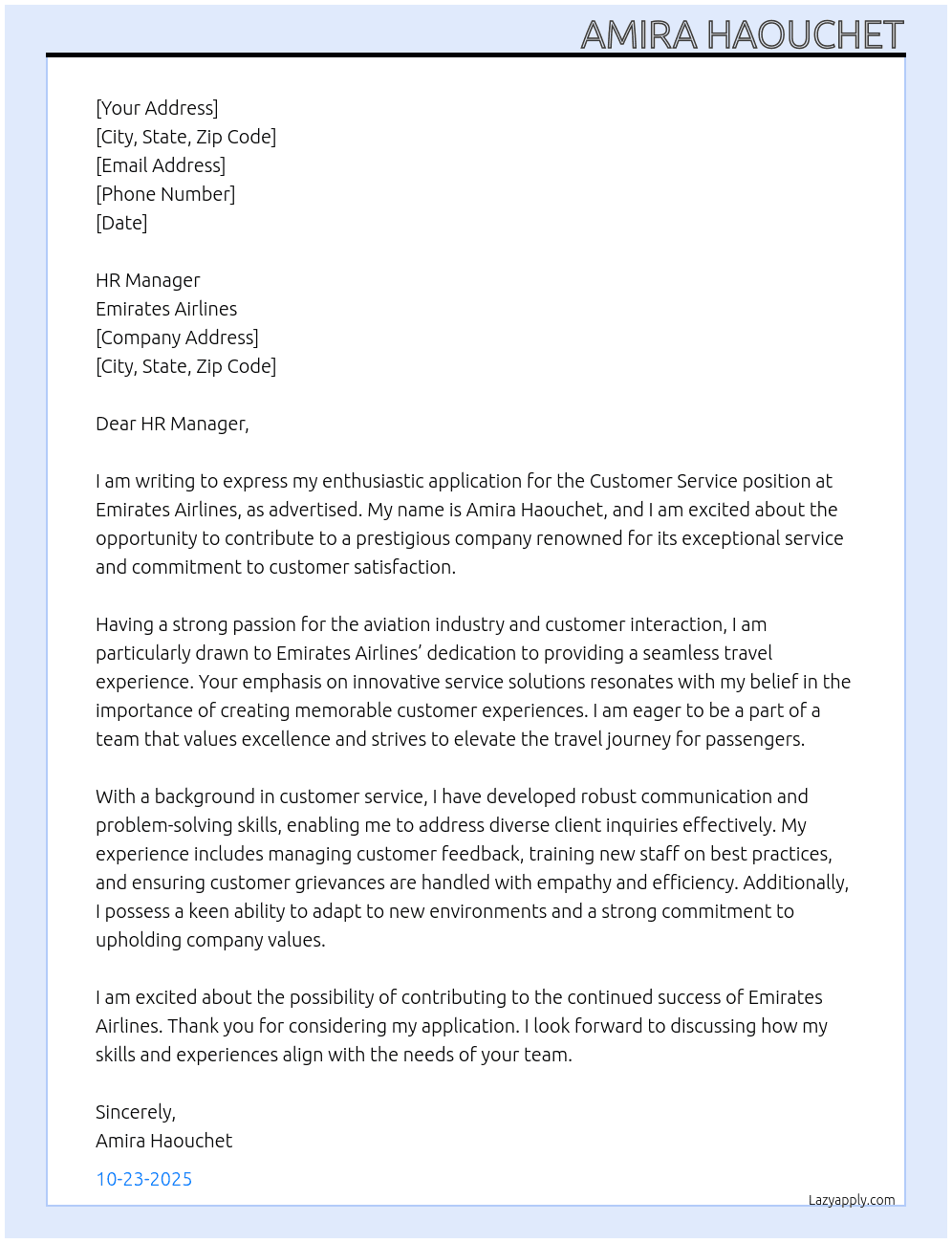 Costumer service  At Emirates airlines  Cover Letter