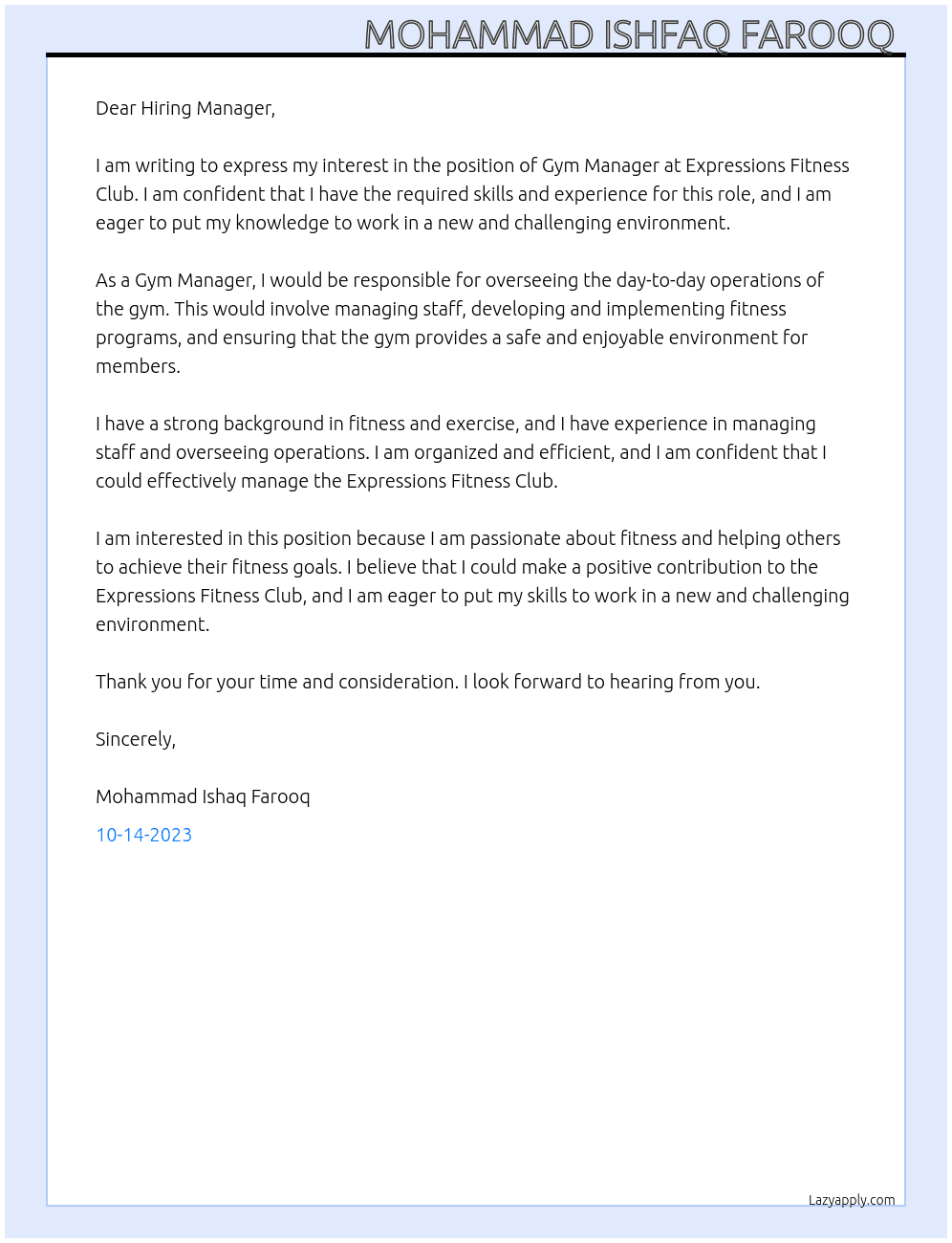 Gym manager  At Expressions fitness club Cover Letter