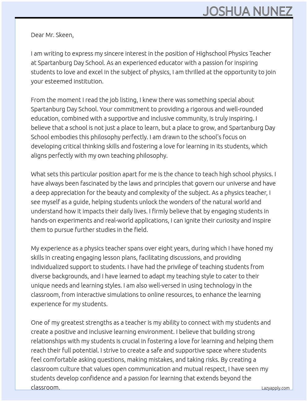 Highschool Physics Teacher At Spartanburg Day School Cover Letter