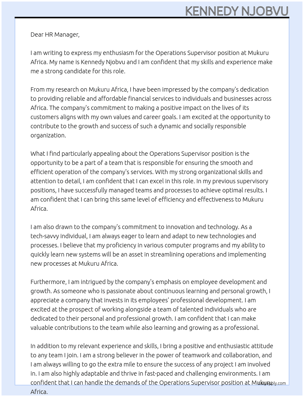 Operations Supervisor At Mukuru Africa Cover Letter