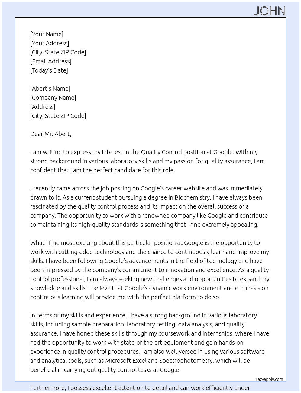 Quality control At Google Cover Letter