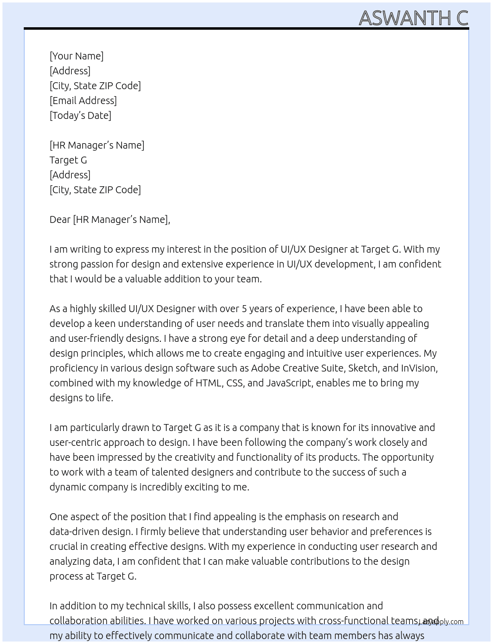 Ui ux designer  At Target G Cover Letter