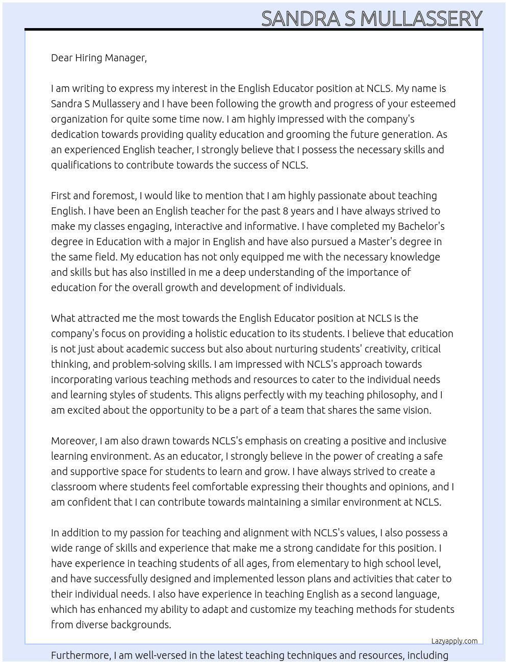 English Educator At NCLS Cover Letter