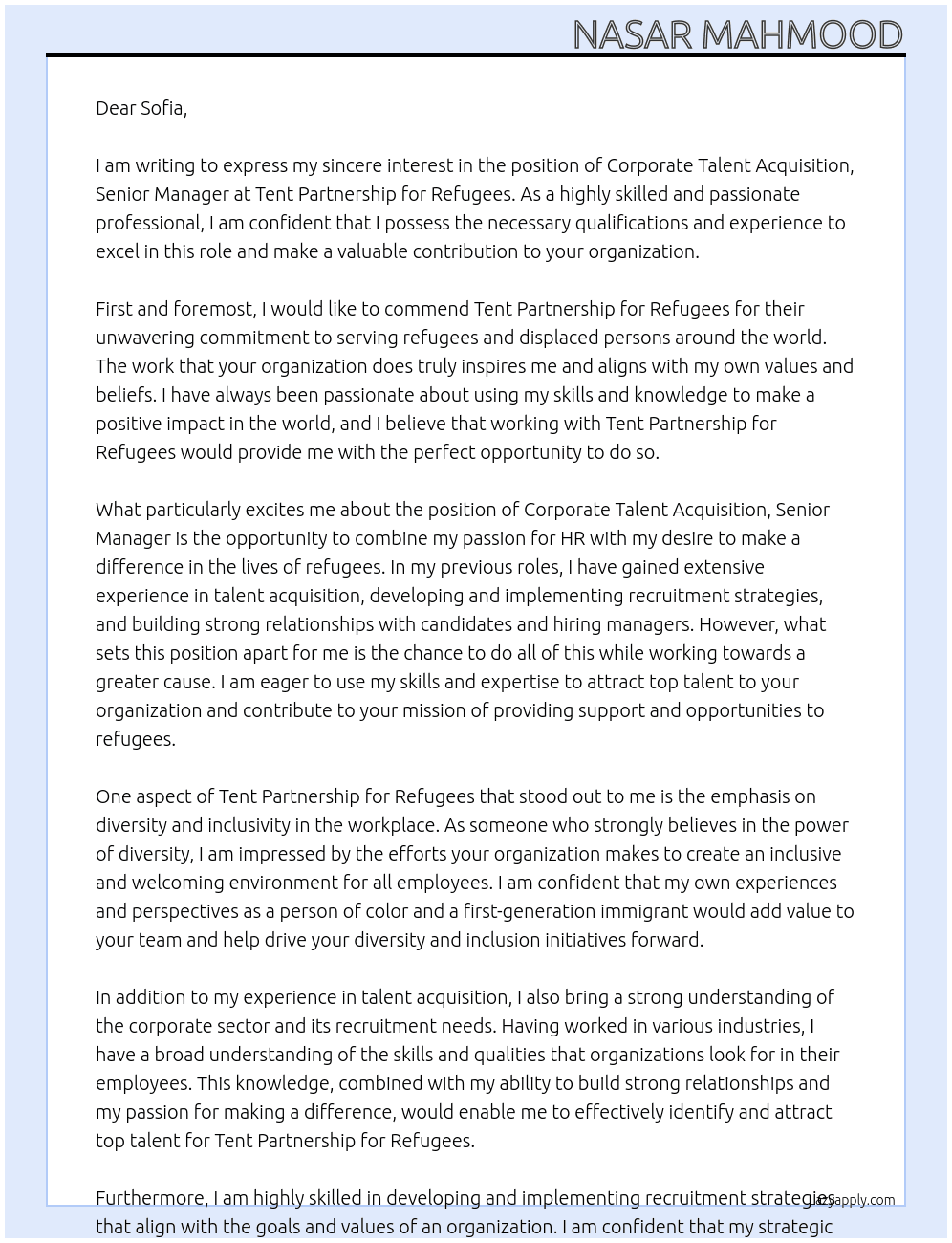  Corporate Talent Acquisition, Senior Manager At Tent Partnership for Refugees Cover Letter