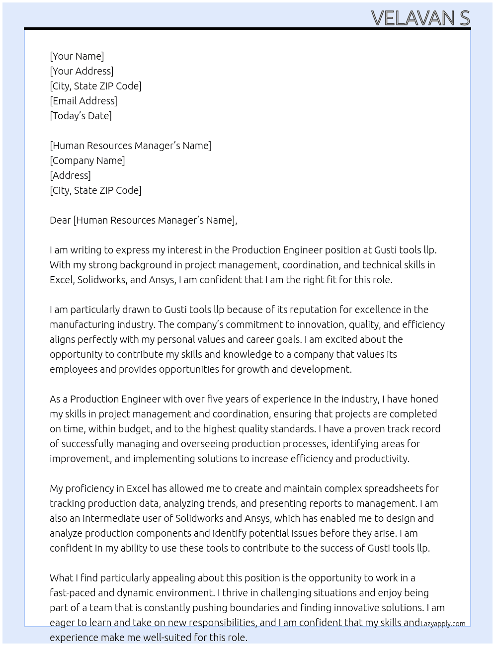 Production Engineer  At Gusti tools llp Cover Letter