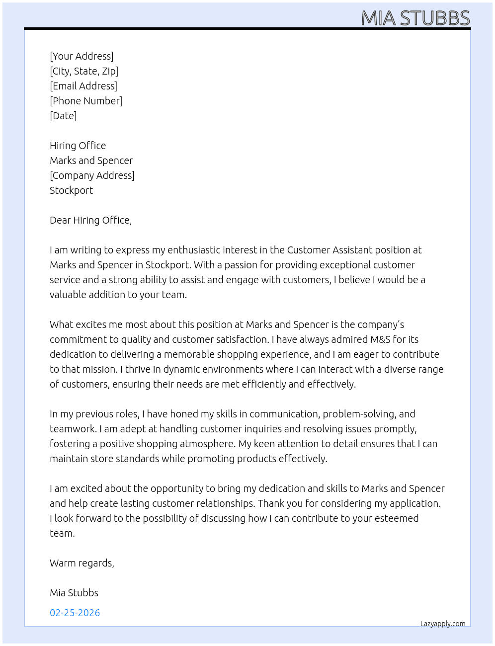 Cover letter for customer assistent - LazyApply