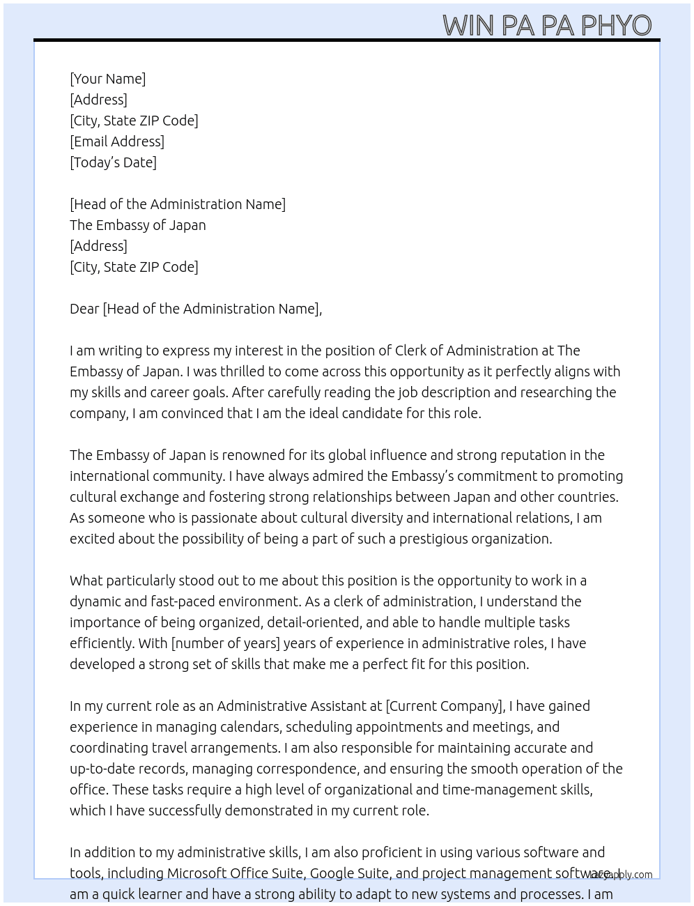 Clerk of Administration  At The Embassy of Japan  Cover Letter