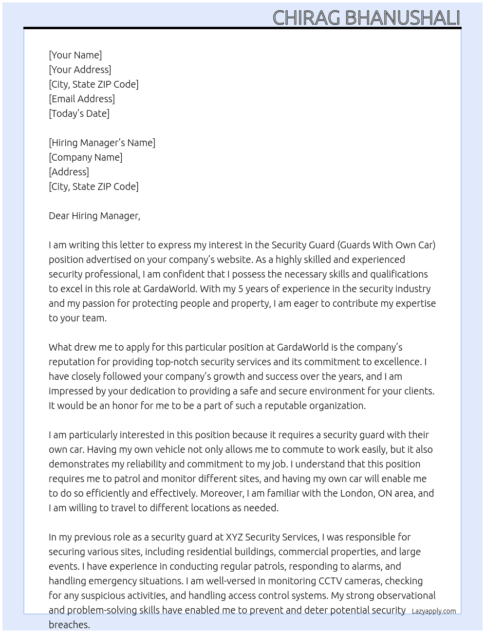 Security Guard (Guards With Own Car) At GardaWorld Cover Letter