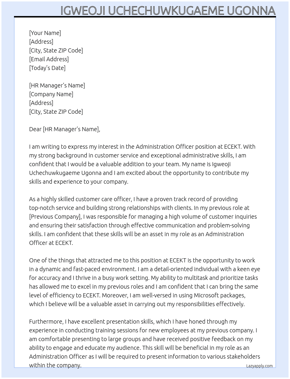 Administration Officer  At ECEKT Cover Letter