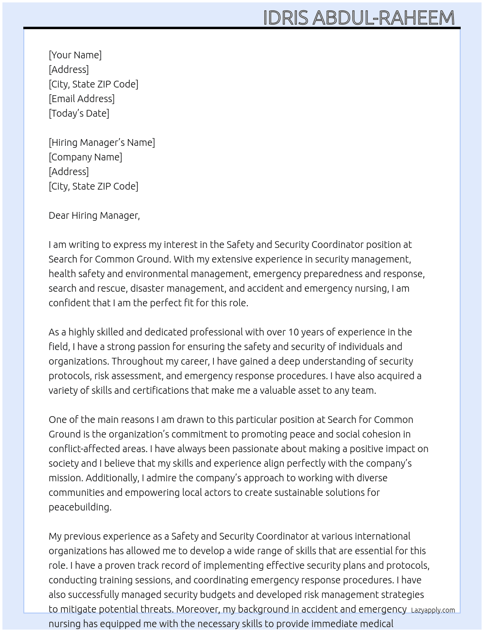 Safety and security coordinator  At Search for Common Ground  Cover Letter