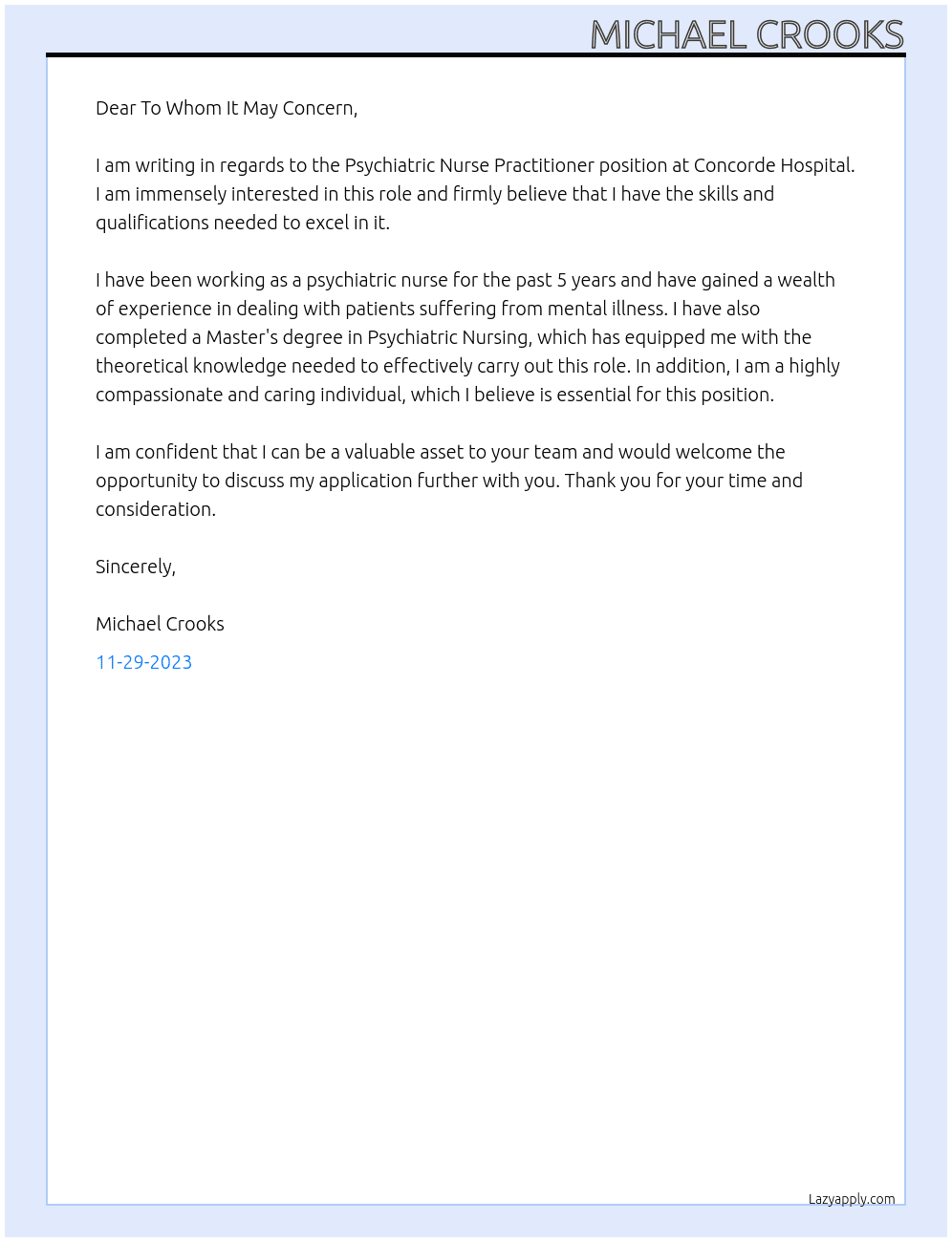 Psychiatric Nurse Practitioner At Concorde Hospital Cover Letter