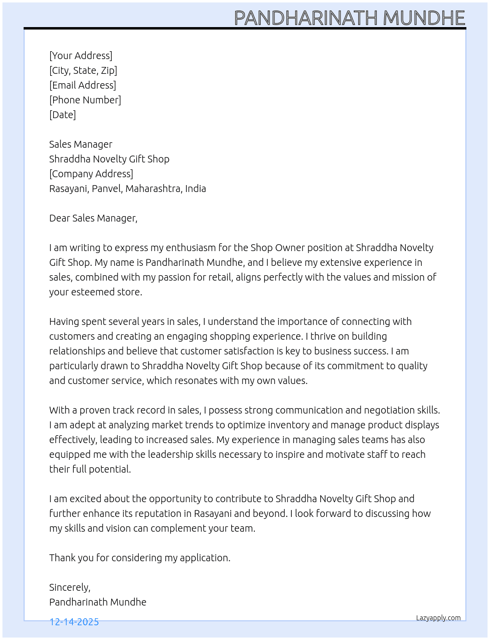 Shop owner  At Shraddha  Novelty Gift Shop Cover Letter