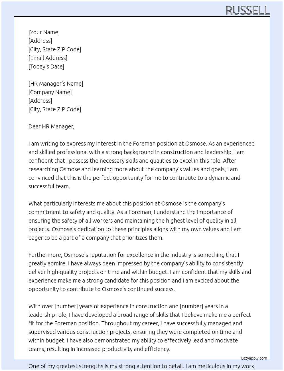 foreman At Osmose Cover Letter