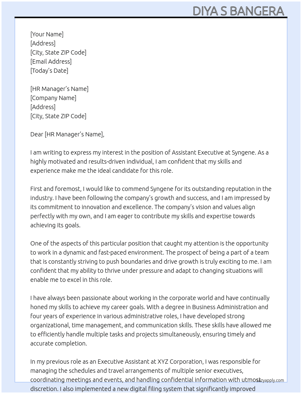 Assistant executive  At Syngene  Cover Letter