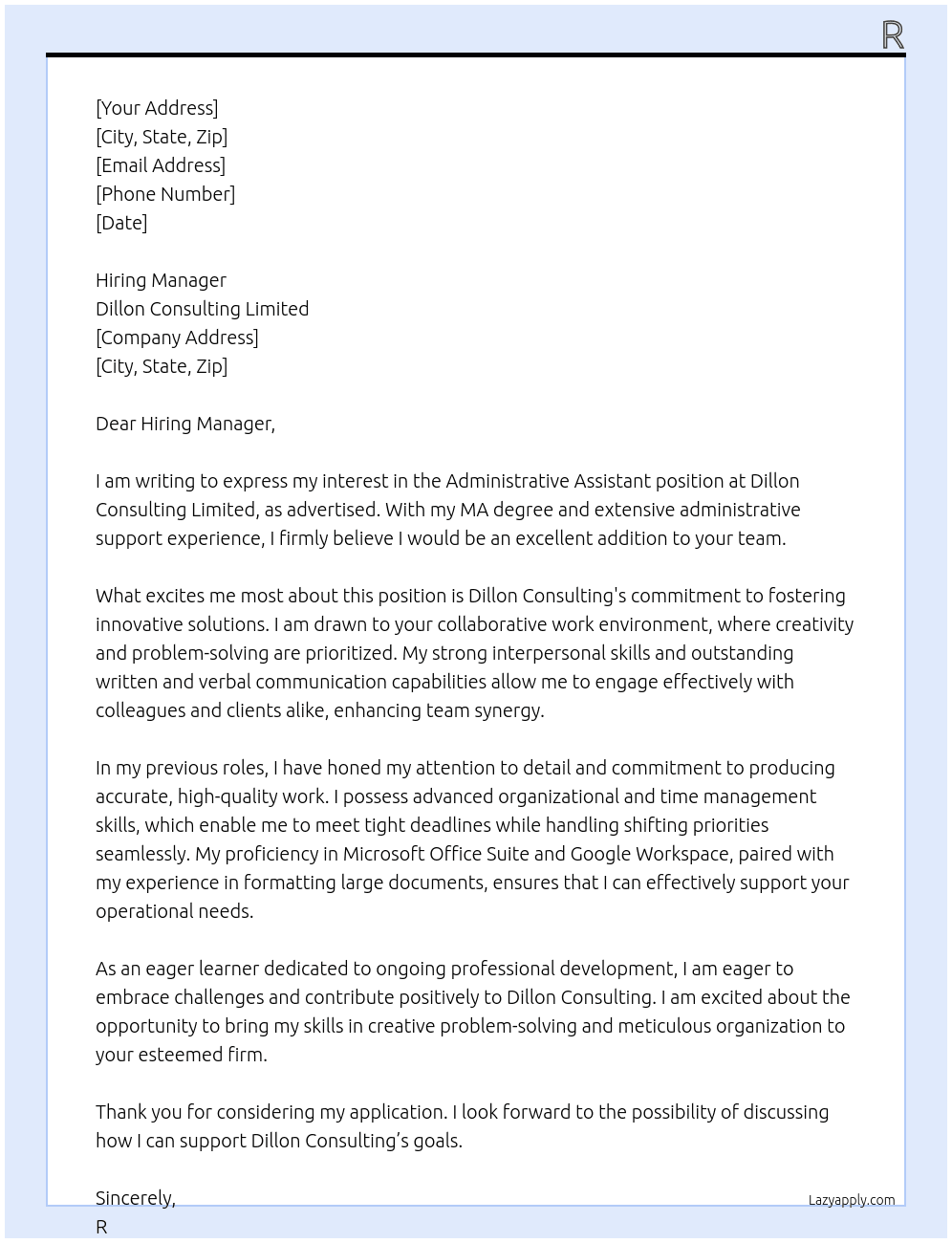 Administrative Assistant At Dillon Consulting Limited Cover Letter