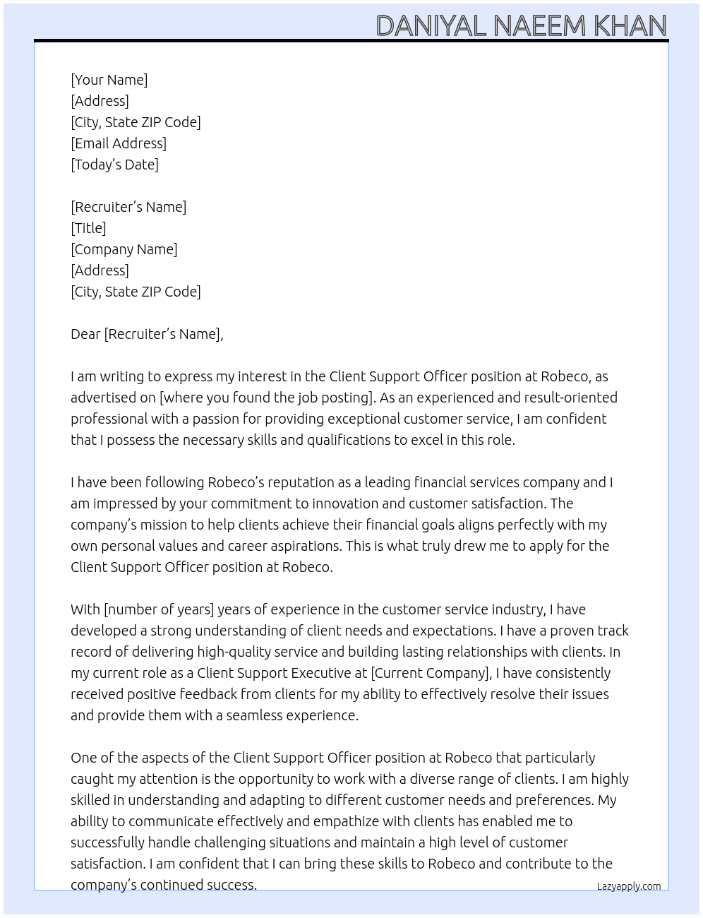 Client Support Officer At Robeco Cover Letter