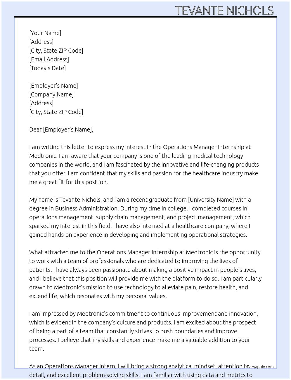 Operations manager internship At Medtronic  Cover Letter