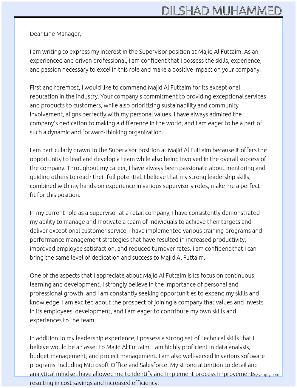 supervisor At Majid Al Futtaim Cover Letter