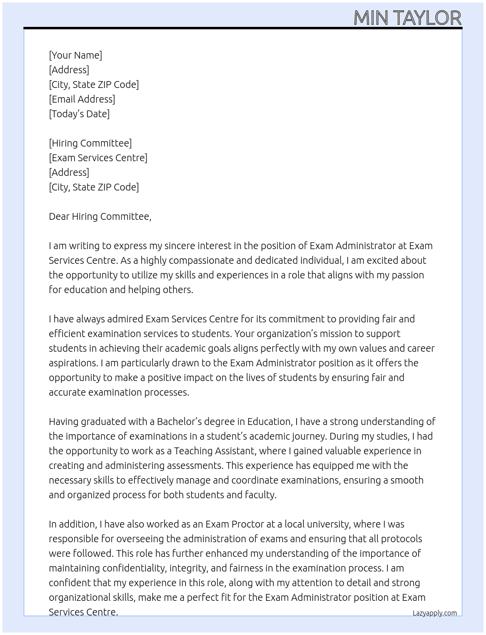 Exam Administrator At Exam Services Centre Cover Letter