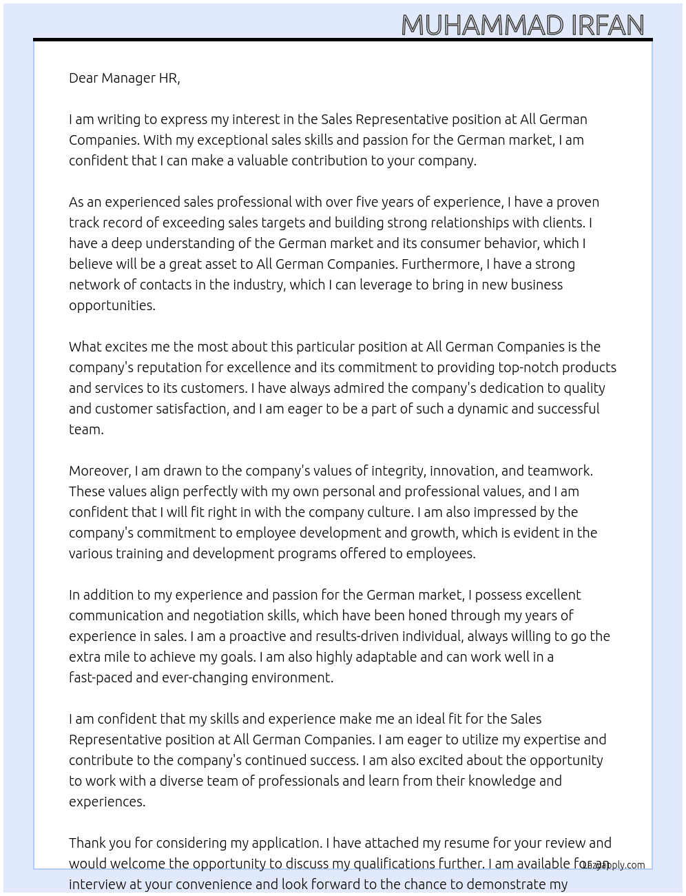 Sales representative  At All German companies  Cover Letter