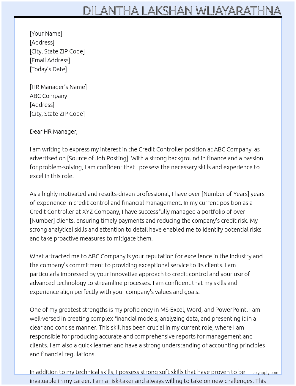 credit controller At ABC Company Cover Letter