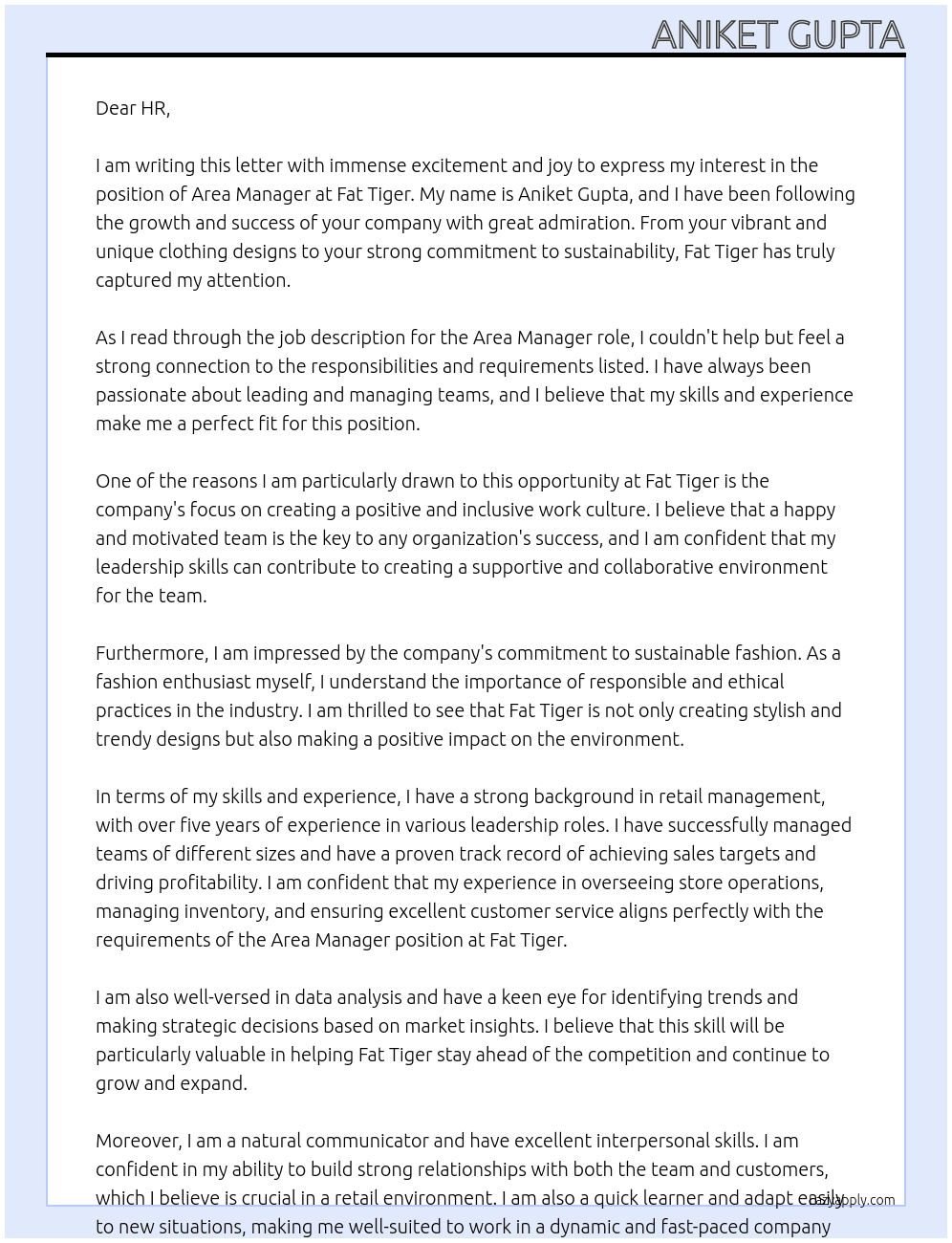 Area Manager  At Fat tiger Cover Letter