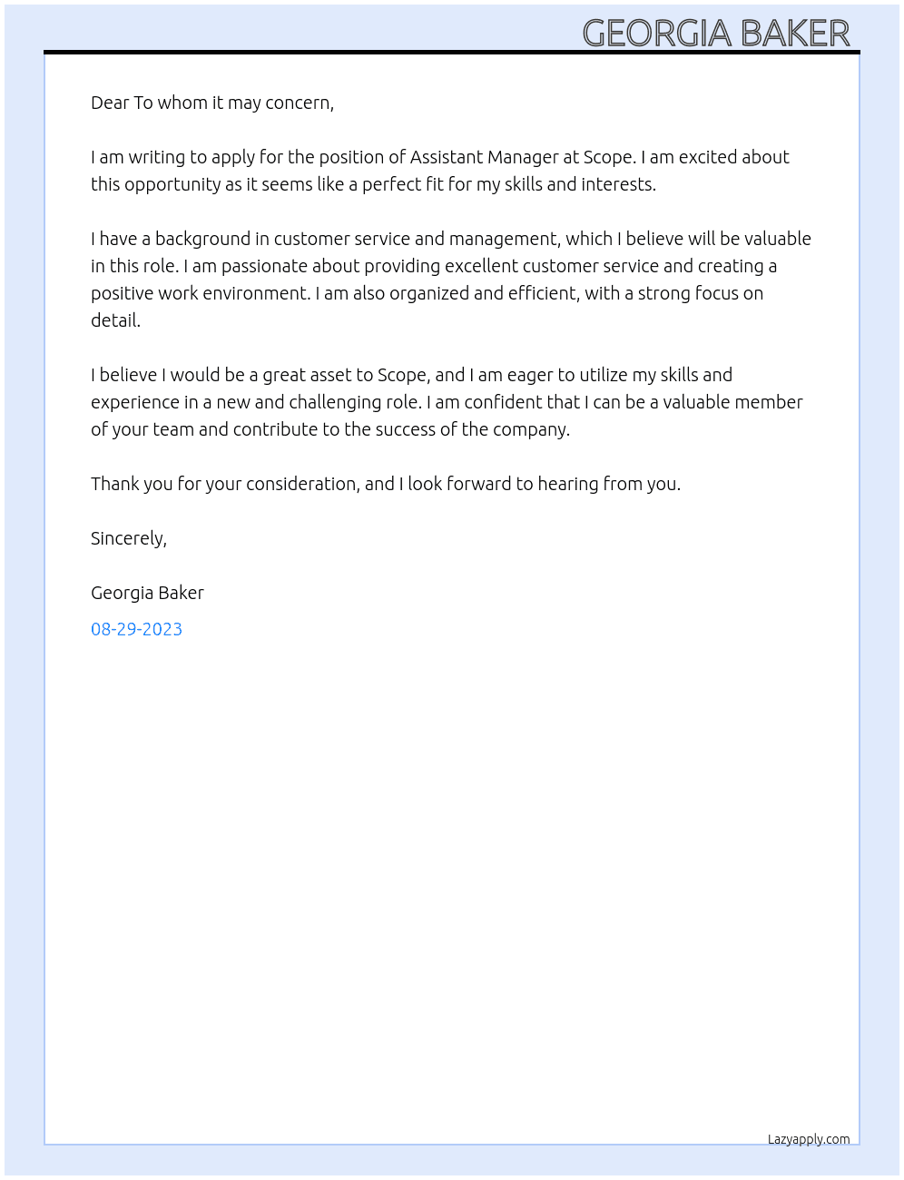 Assistant manager  At Scope  Cover Letter
