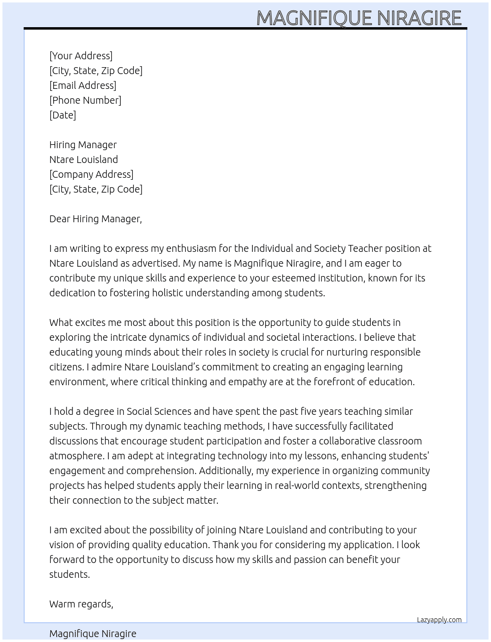 Cover letter for individual and society teacher - LazyApply