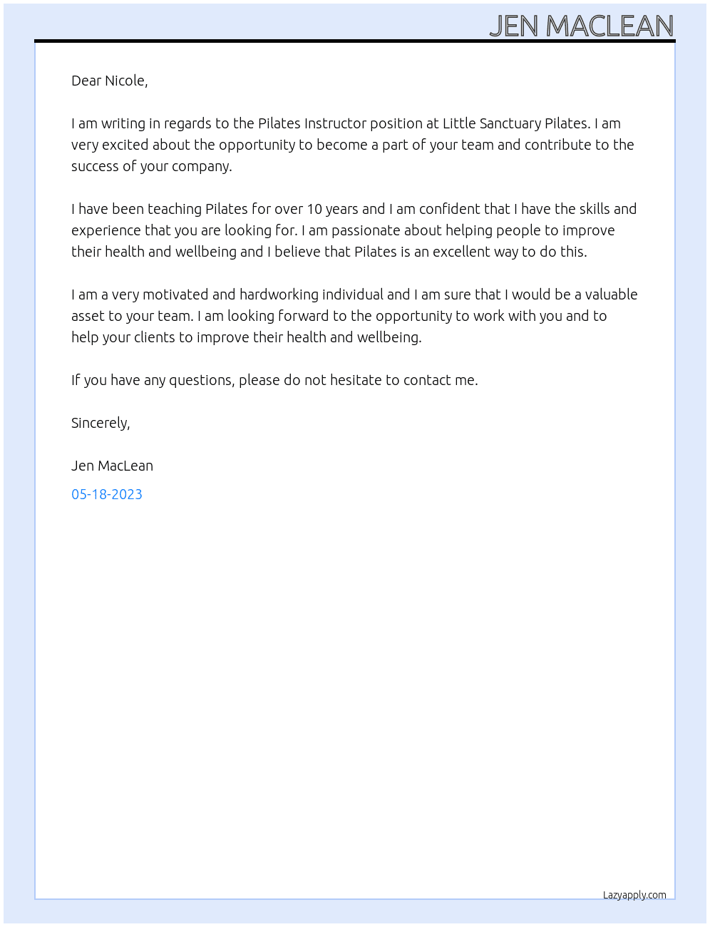 pilates instructor  At Little Sanctuary Pilates   Cover Letter