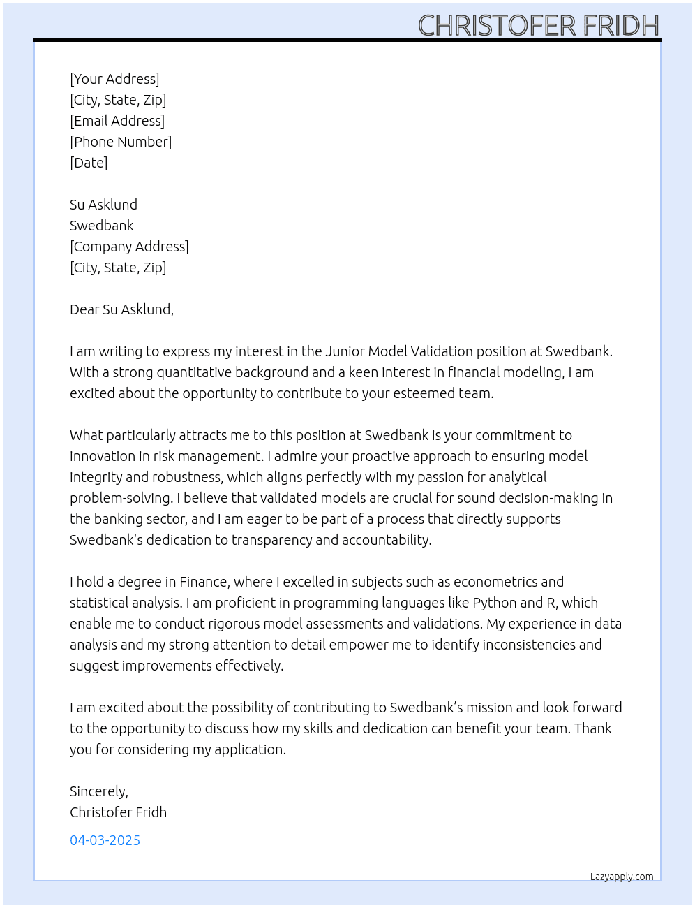 Cover letter for junior model validation - LazyApply